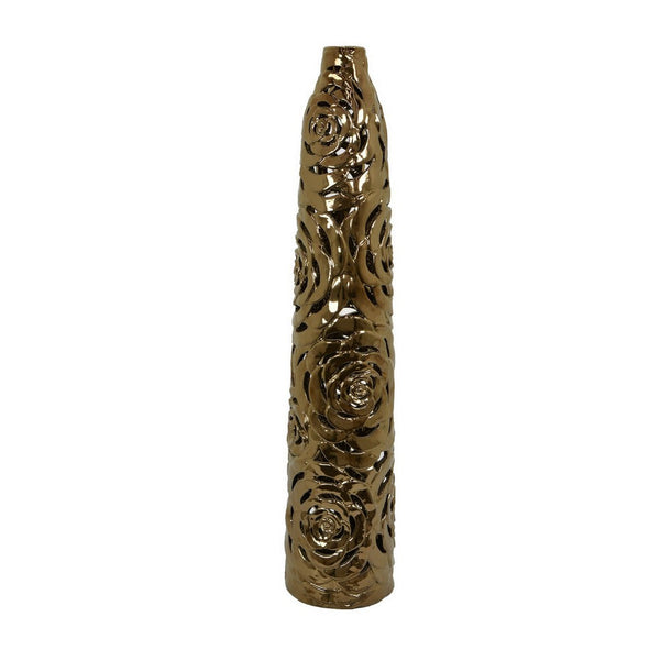 Benzara Reky Tall Vase Rose Cut Floral Patterns Slim Profile Bronze Ceramic -BM330180