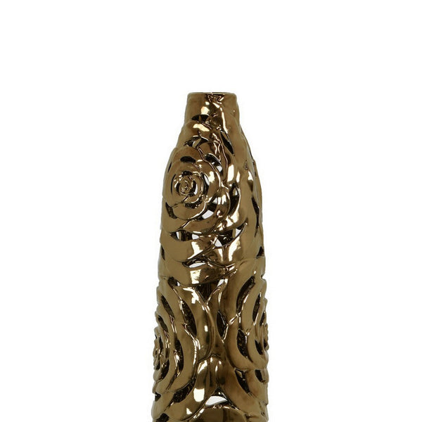 Benzara Reky Tall Vase Rose Cut Floral Patterns Slim Profile Bronze Ceramic -BM330180
