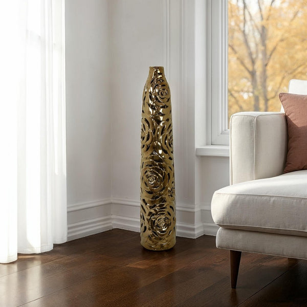benzara Reky Tall Vase Rose Cut Floral Patterns Slim Profile Bronze Ceramic -BM330180