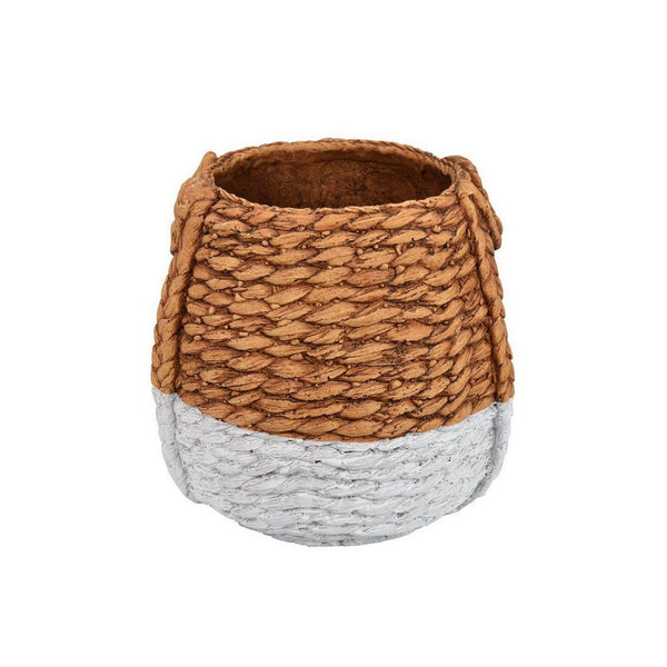 benzara Reno 12 Inch Planter Rope Woven Design White and Brown Finished Resin - BM309750