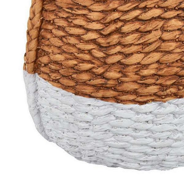Benzara Reno 15 Inch Planter Rope Woven Design White And Brown Finished Resin - BM309749
