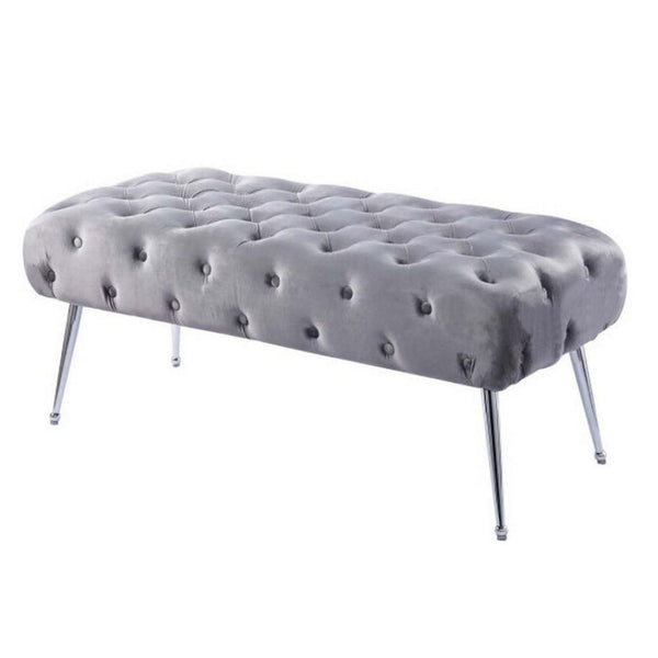 Benzara Rey 48 Inch Accent Bench Tufted Gray Velvet Upholstery Padded Seat Chrome - BM316068