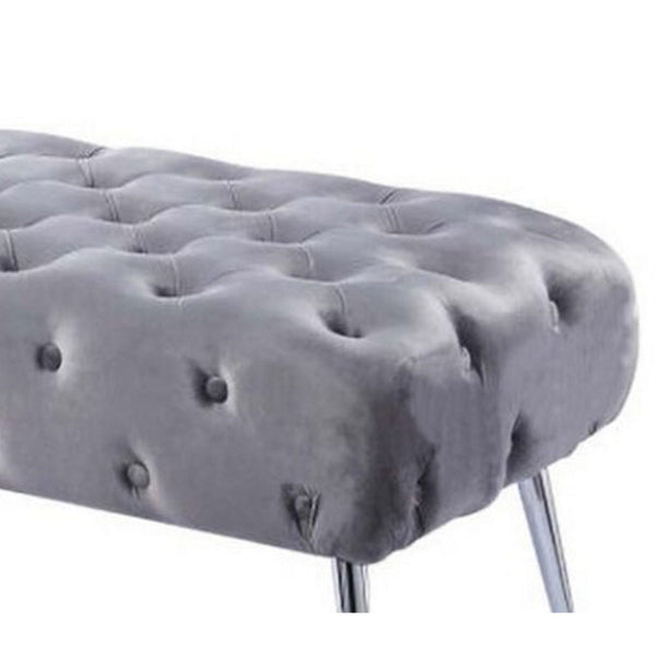 Benzara Rey 48 Inch Accent Bench Tufted Gray Velvet Upholstery Padded Seat Chrome - BM316068