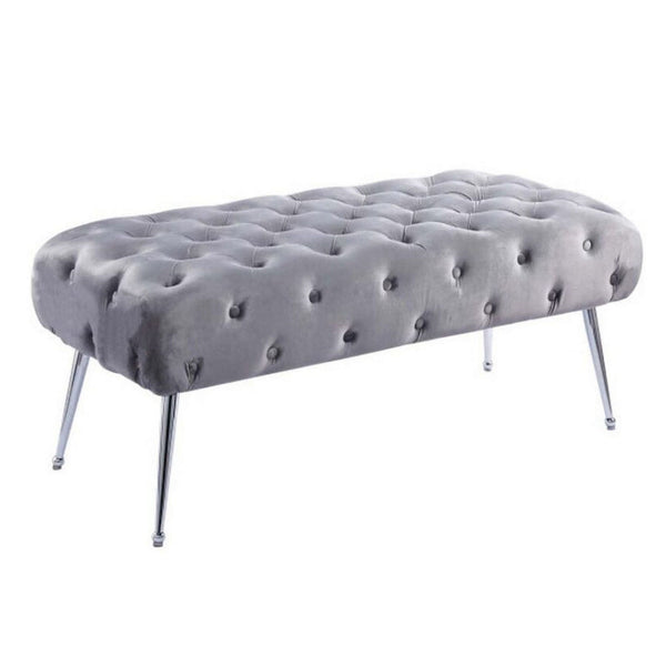 benzara Rey 48 Inch Accent Bench Tufted Gray Velvet Upholstery Padded Seat Chrome - BM316068