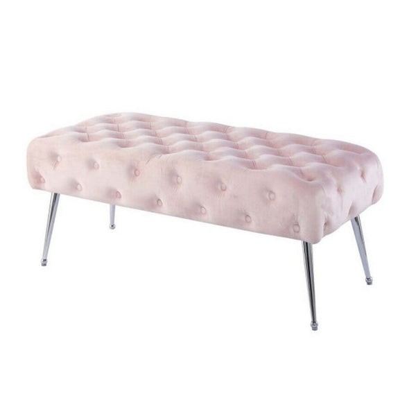 Benzara Rey 48 Inch Accent Bench Tufted Pink Velvet Upholstery Padded Seat Chrome - BM316069