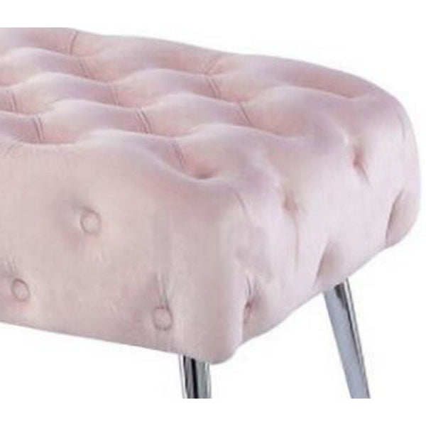 Benzara Rey 48 Inch Accent Bench Tufted Pink Velvet Upholstery Padded Seat Chrome - BM316069