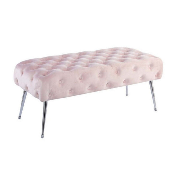 benzara Rey 48 Inch Accent Bench Tufted Pink Velvet Upholstery Padded Seat Chrome - BM316069