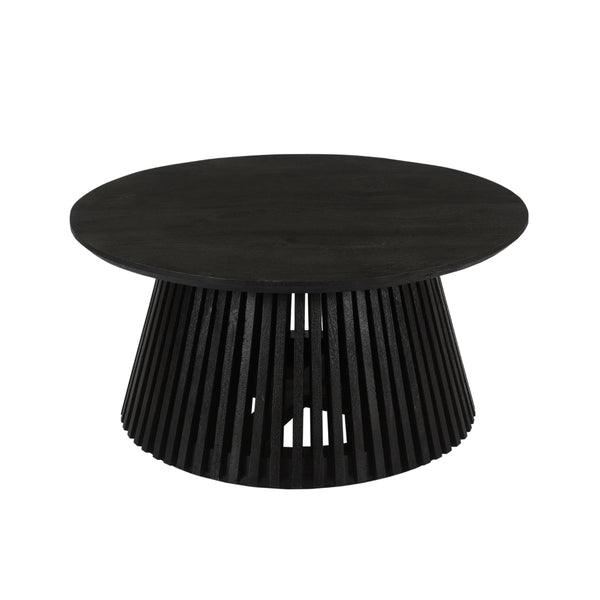Benzara Ridge 32 Inch Handcrafted Round Coffee Table Mango Wood Slatted Flared Base Black - UPT-276558