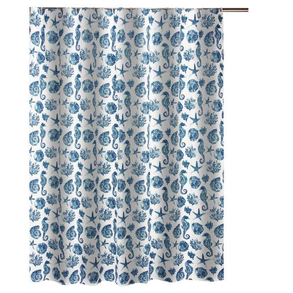 Benzara Riga 72 Inch Shower Curtain Blue Seashells Print Button Holes Microfiber - BM293486