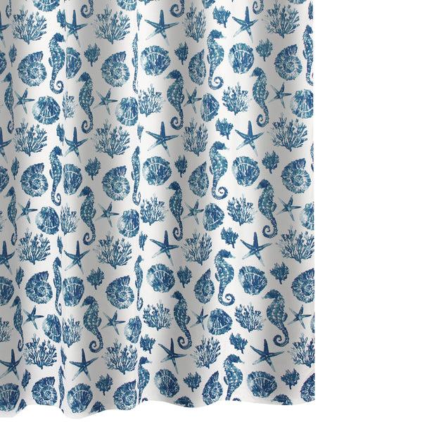 Benzara Riga 72 Inch Shower Curtain Blue Seashells Print Button Holes Microfiber - BM293486
