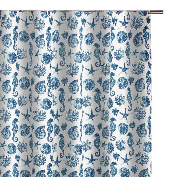 Benzara Riga 72 Inch Shower Curtain Blue Seashells Print Button Holes Microfiber - BM293486