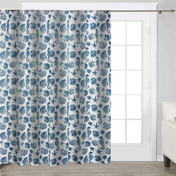 benzara Riga 72 Inch Shower Curtain Blue Seashells Print Button Holes Microfiber - BM293486
