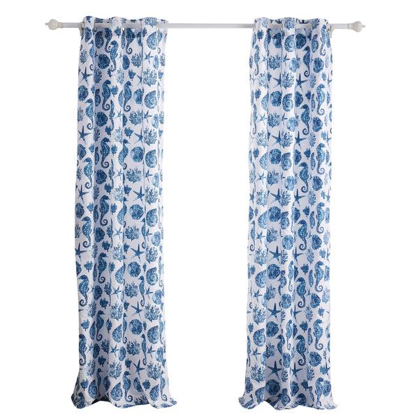 Benzara Riga 84 Inch Window Curtains Blue Seashells Print Microfiber Rod Pockets - BM293484