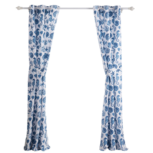 Benzara Riga 84 Inch Window Curtains Blue Seashells Print Microfiber Rod Pockets - BM293484