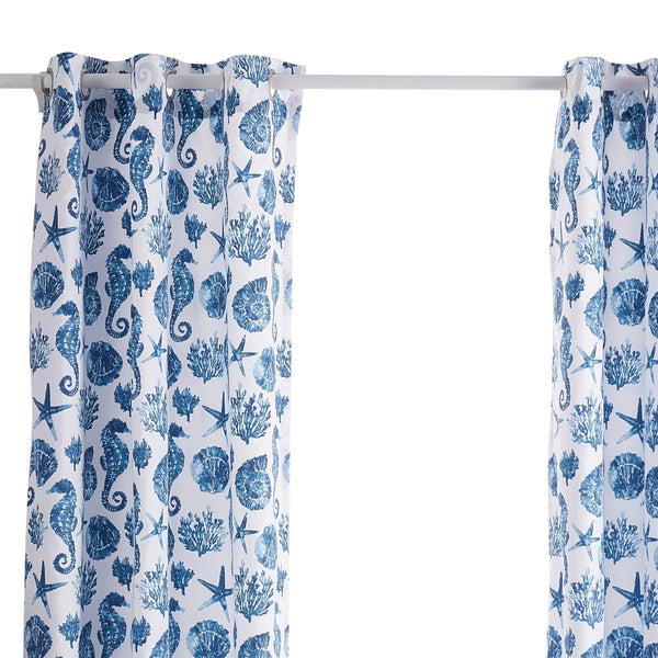 Benzara Riga 84 Inch Window Curtains Blue Seashells Print Microfiber Rod Pockets - BM293484