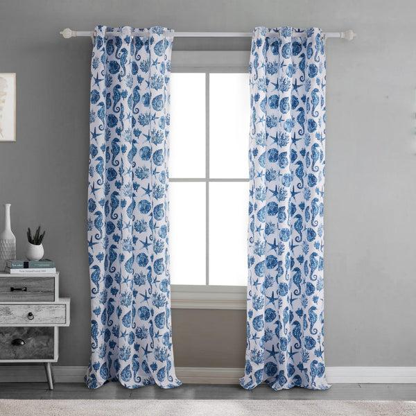 benzara Riga 84 Inch Window Curtains Blue Seashells Print Microfiber Rod Pockets - BM293484