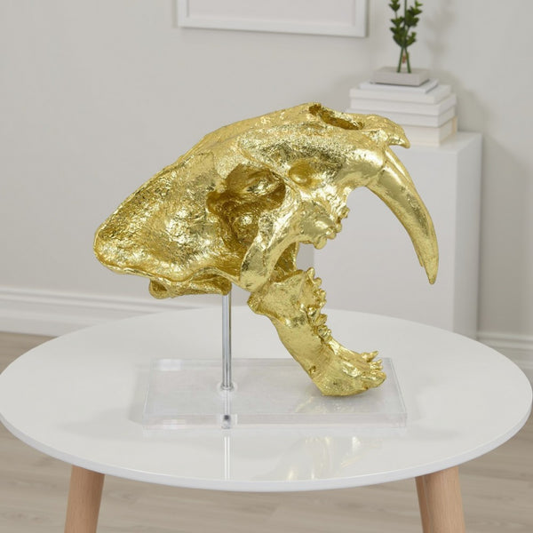 benzara Rimaa Sabertooth Tiger Tabletop Decor Gold Resin Acrylic 13 Inch -BM331062