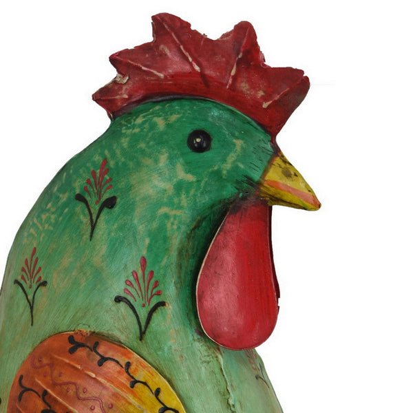 Benzara Rookie Painted Rooster Garden Decor Green Red Yellow Metal 26 Inch -BM324573