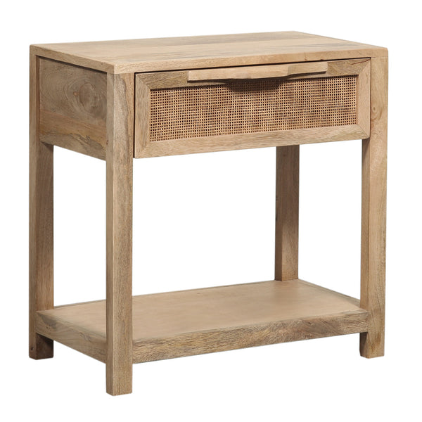 Benzara Rosette 22 Inch Accent Side Table Rattan Front Drawer Open Shelf Natural Brown Mango Wood Frame - BM285123