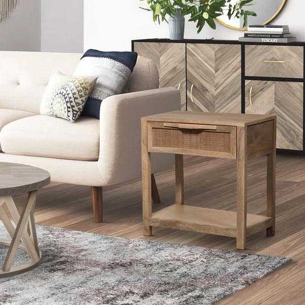 benzara Rosette 22 Inch Accent Side Table Rattan Front Drawer Open Shelf Natural Brown Mango Wood Frame - BM285123