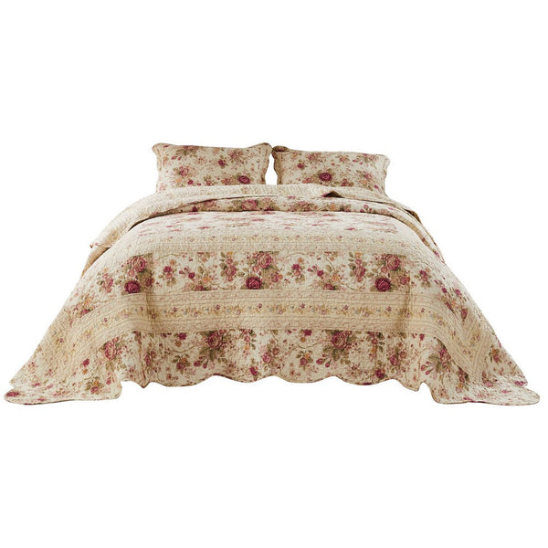 Benzara Rosle 3 Piece King Bedspread Set Floral Print Scalloped Cream Pink - BM281989