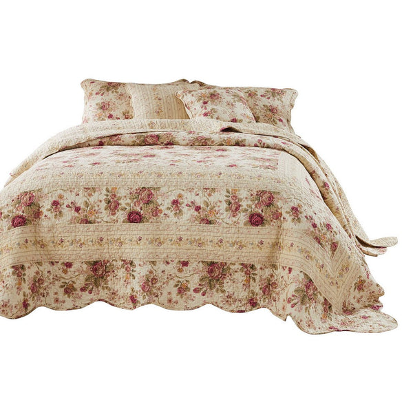 Benzara Rosle 3 Piece King Bedspread Set Floral Print Scalloped Cream Pink - BM281989