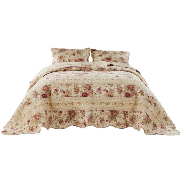 Benzara Rosle 3 Piece Queen Bedspread Set Floral Print Scalloped Cream Pink - BM281990