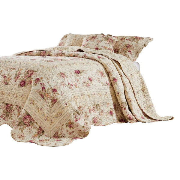 benzara Rosle 3 Piece Queen Bedspread Set Floral Print Scalloped Cream Pink - BM281990