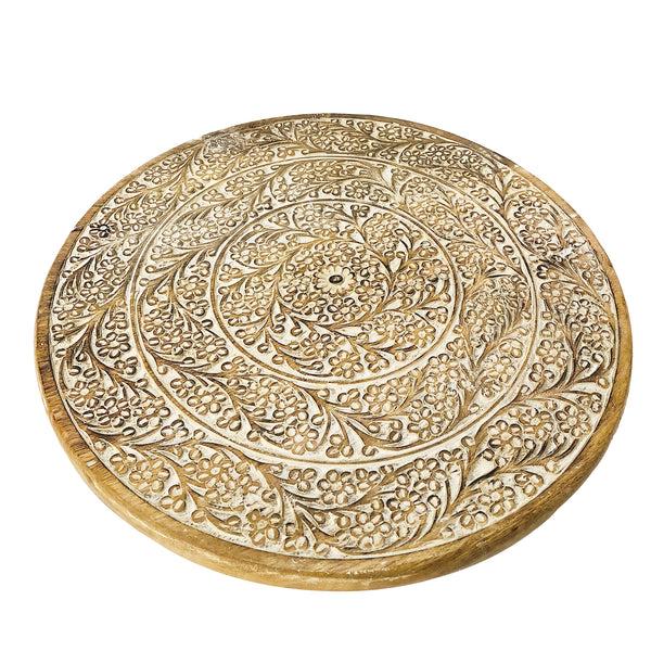 Benzara Round Mango Wood Decorative Carved Turntable Lazy Susan With Filigree Engraving Brown - UPT-214884