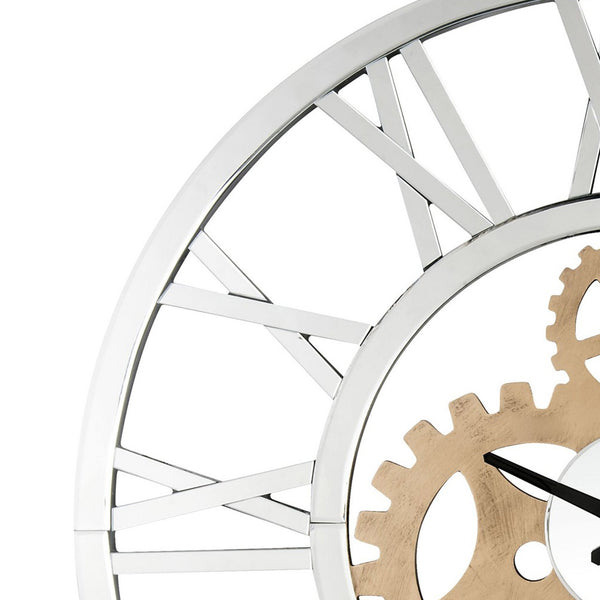 Benzara Round Mirror Panel Open Frame Wall Clock With Gear Design Silver - BM225867