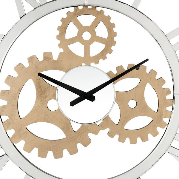 Benzara Round Mirror Panel Open Frame Wall Clock With Gear Design Silver - BM225867