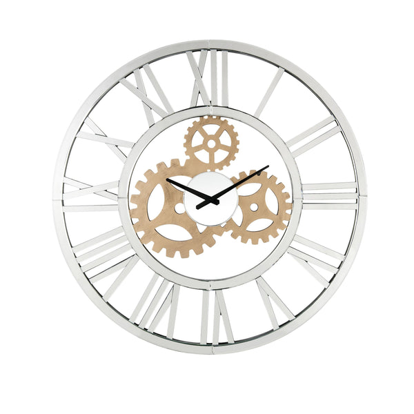 benzara Round Mirror Panel Open Frame Wall Clock with Gear Design Silver - BM225867