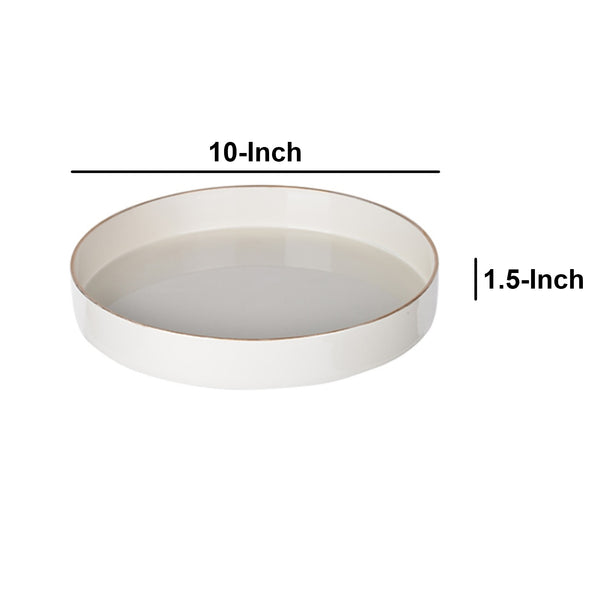 Benzara Round Plastic Tray Gold Accented Trims Glossy White - BM152860