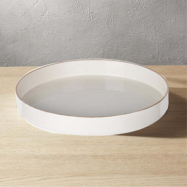 Benzara Round Plastic Tray Gold Accented Trims Glossy White - BM152860