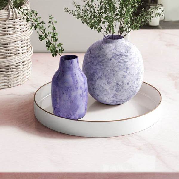 benzara Round Plastic Tray Gold Accented Trims Glossy White - BM152860