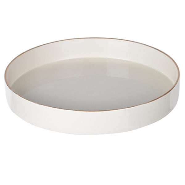 Benzara Round Plastic Tray Gold Accented Trims Glossy White - BM152860