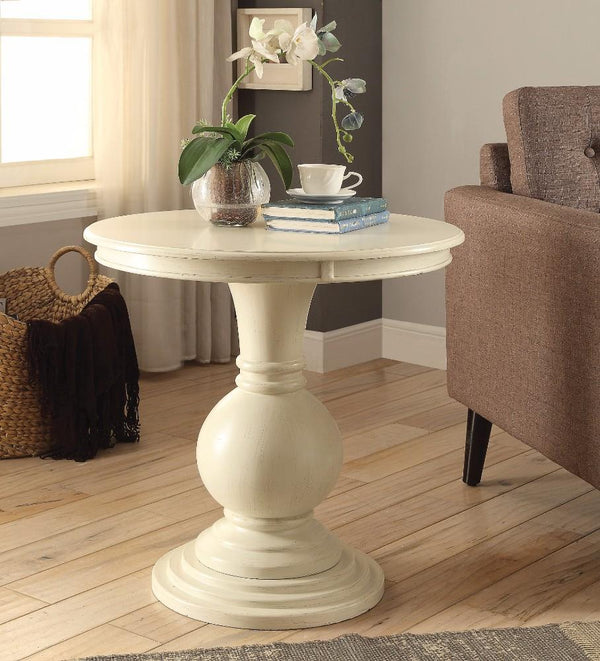 benzara Round Shape Wooden Accent Table with Pedestal Base Antique White - BM154577