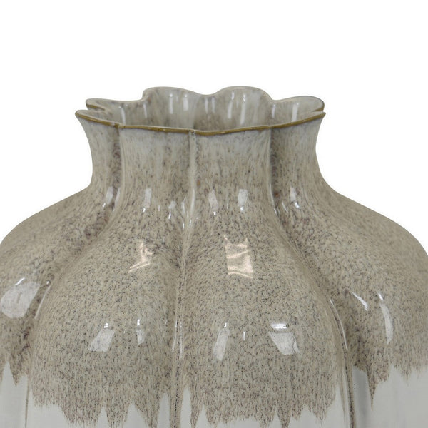 Benzara Roxy Rounded Vase With Scalloped Rim Multi Colored Ceramic 11 Inch -BM330159