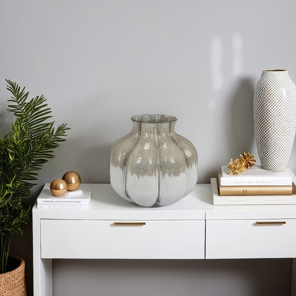 benzara Roxy Rounded Vase with Scalloped Rim Multi Colored Ceramic 11 Inch -BM330159