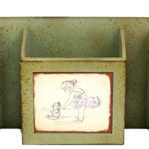 Benzara Rustic Horizontal Wall Organizer With 3 Slots And Metal Hooks Green - BM211066