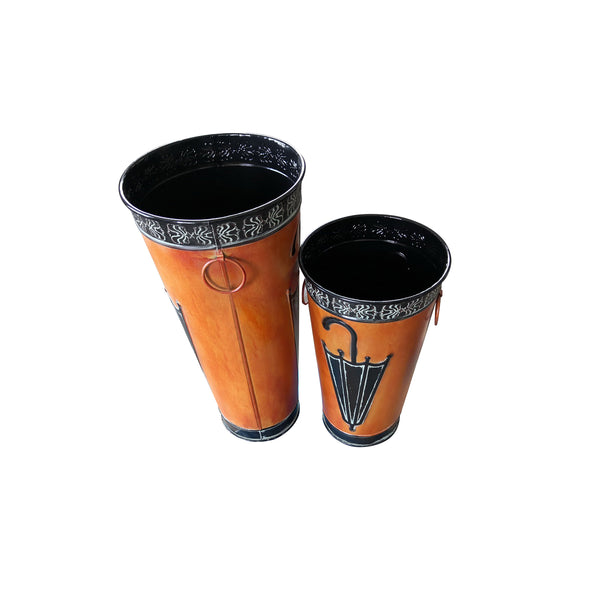 Benzara Rustic Umbrella Stand With Engraved Details Set Of 2 Brown - BM07627