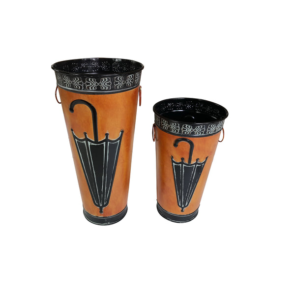 Benzara Rustic Umbrella Stand With Engraved Details Set Of 2 Brown - BM07627