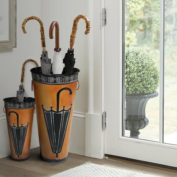 benzara Rustic Umbrella Stand with Engraved Details Set of 2 Brown - BM07627