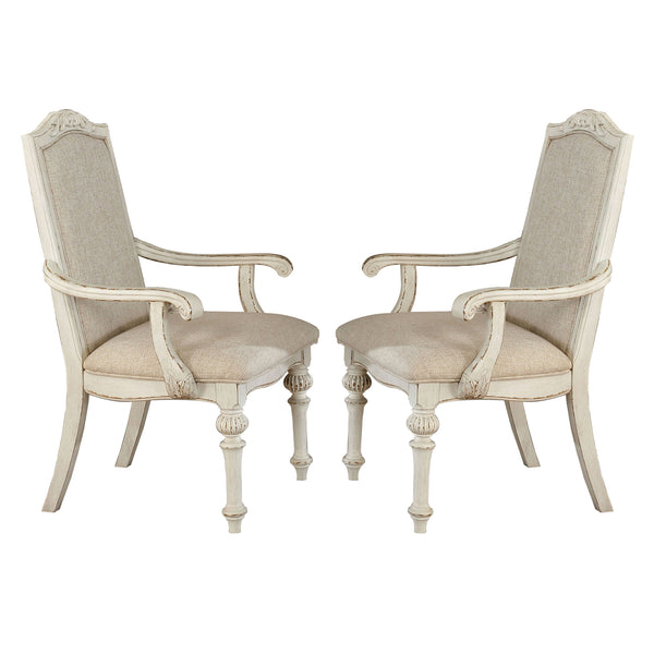 Benzara Rustic Wooden Arm Chair With Intricate Carvings Set Of 2 Antique White - BM235431