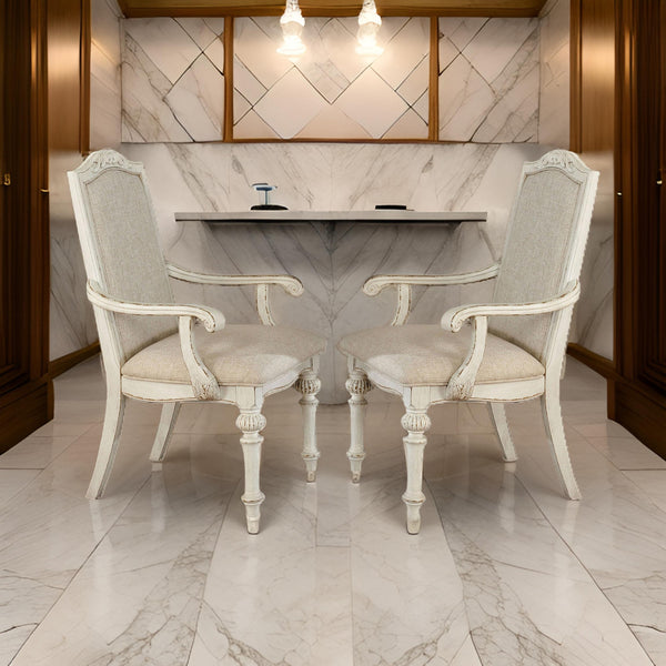 benzara Rustic Wooden Arm Chair with Intricate Carvings Set of 2 Antique White - BM235431