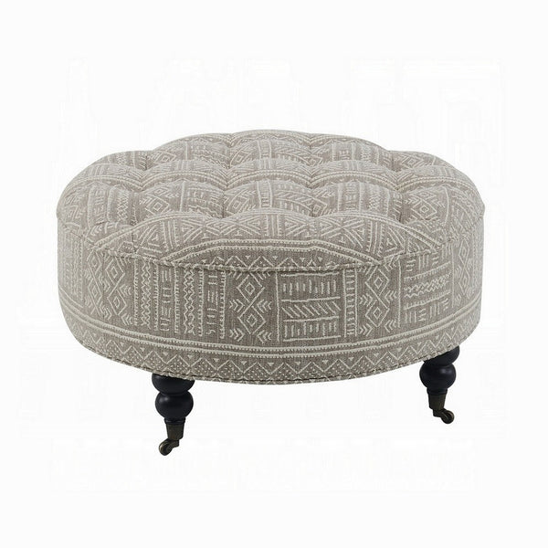 Benzara Savoir Ottoman Beige White Fabric Caster Wheels Black Legs 32 Inch -BM324361