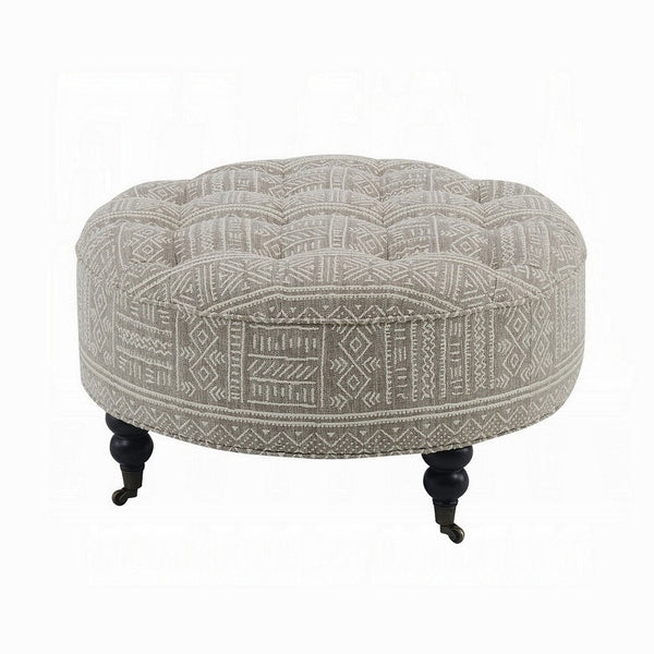 Benzara Savoir Ottoman Beige White Fabric Caster Wheels Black Legs 32 Inch -BM324361