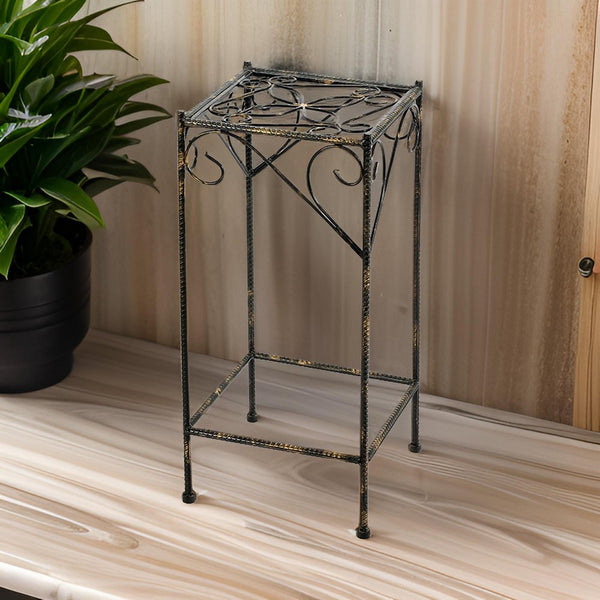 benzara Scrolled Metal Frame Plant Stand with Square Top Large Black - BM216725