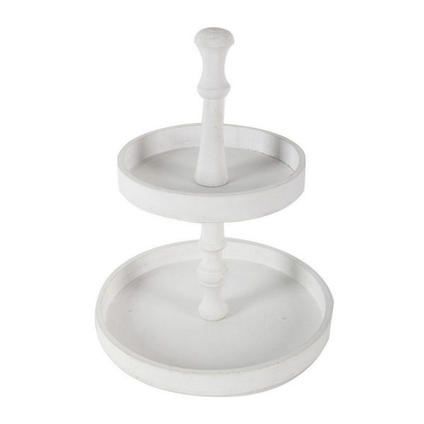 Benzara Semy 15 Inch 2 Tier Round Decorative Serving Tray White Wood Finish - BM312620