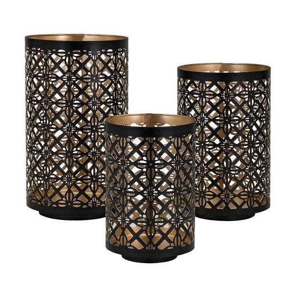 Benzara Set Of 3 Lantern Candle Holders Moroccan Lattice Gold Black Metal Frames - BM286153